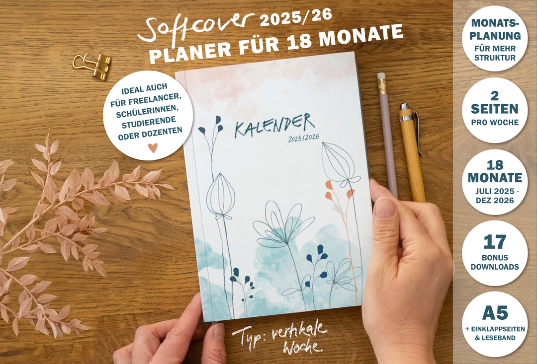 A5 Terminkalender – Studienplaner 2025 2026 | 18 Monate Wochenplaner mit Leseband | Softcover Terminplaner im Spalten-Layout | Weiß Blau Rosa
