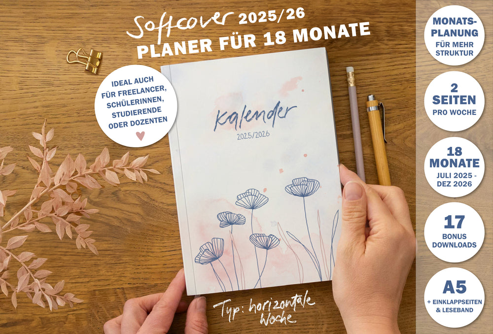 A5 Terminkalender – Studienplaner 2025 2026 | 18 Monate Wochenplaner mit Leseband | Softcover Taschenkalender & Terminplaner | Creme Blau Rosa