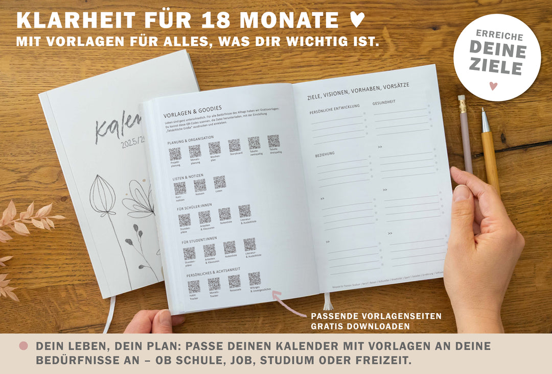 A5 Terminkalender – Studienplaner 2025 2026 | 18 Monate Wochenplaner mit Leseband | Softcover Taschenkalender & Terminplaner | Weiß Grau Beige