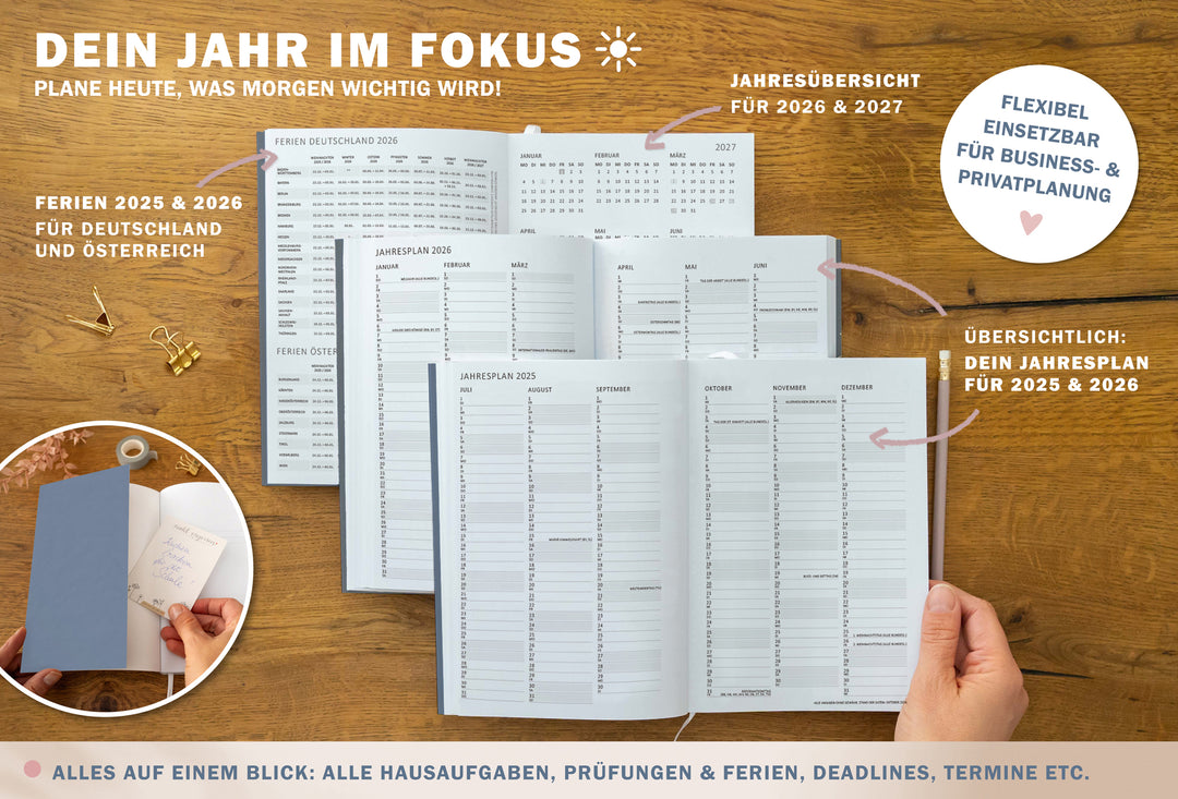 A5 Terminkalender – Studienplaner 2025 2026 | 18 Monate Wochenplaner mit Leseband | Softcover Terminplaner im Spalten-Layout | Blau Rosa