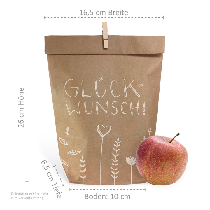 24 Geschenktüten - Glückwunsch! | Geschenkpapier Alternative für Geschenke zu Geburtstag, Hochzeit, Taufe, Konfirmation & Kommunion | 16,5 x 26 cm | mit 24 FSC Holz Miniklammern