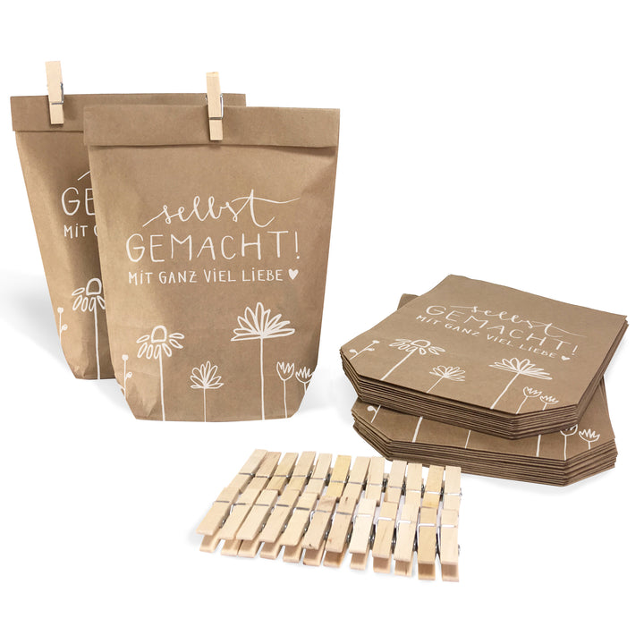 24 Geschenktüten - selbstgemacht! | für persönliche Geschenke zu Weihnachten, Geburtstag, Hochzeit | Geschenkpapier Alternative | 14 x 22 cm | mit 24 FSC Holz Miniklammern