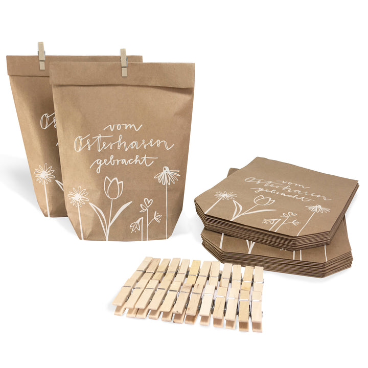 24 Ostertüten - vom Osterhasen gebracht | Osternest Alternative für Ostergrüße, Mitgebsel & Giveaways | 16,5 cm x 24 cm | inkl. 24 FSC Holz Miniklammern