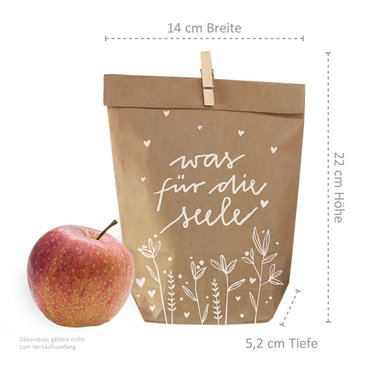 24 Geschenktüten - was für die Seele | für persönliche Geschenke & Süßes zu Weihnachten, Geburtstag, Abschied | Geschenkpapier Alternative | 14 x 22 cm | mit 24 FSC Holz Miniklammern