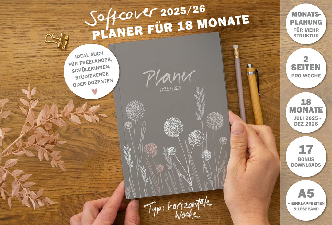 A5 Terminkalender – Studienplaner 2025 2026 | 18 Monate Wochenplaner mit Leseband | Softcover Taschenkalender & Terminplaner | Greige Weiß Rosa