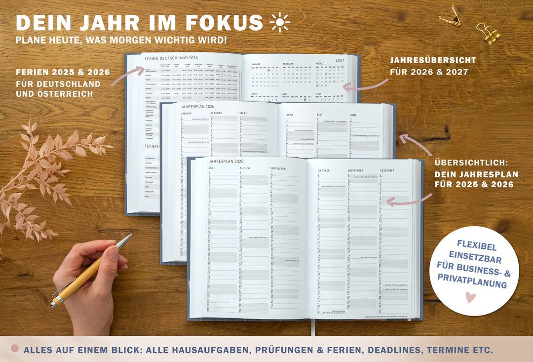 A5 Terminkalender – Studienplaner 2025 2026 | 18 Monate Wochenplaner mit Gummiband | Hardcover Taschenkalender & Terminplaner | Blau Rosa