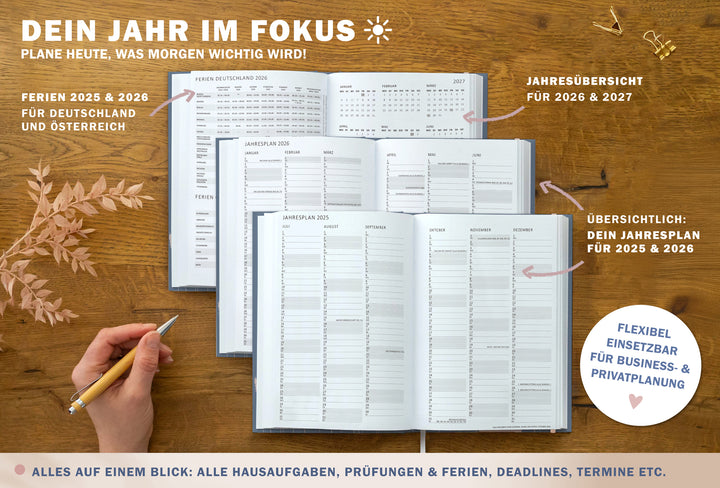 A5 Terminkalender – Studienplaner 2025 2026 | 18 Monate Wochenplaner mit Gummiband | Hardcover Taschenkalender & Terminplaner | Blau Rosa