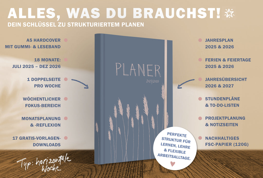 A5 Terminkalender – Studienplaner 2025 2026 | 18 Monate Wochenplaner mit Gummiband | Hardcover Taschenkalender & Terminplaner | Blau Rosa