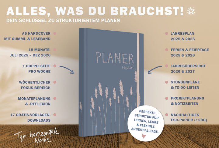 A5 Terminkalender – Studienplaner 2025 2026 | 18 Monate Wochenplaner mit Gummiband | Hardcover Taschenkalender & Terminplaner | Blau Rosa