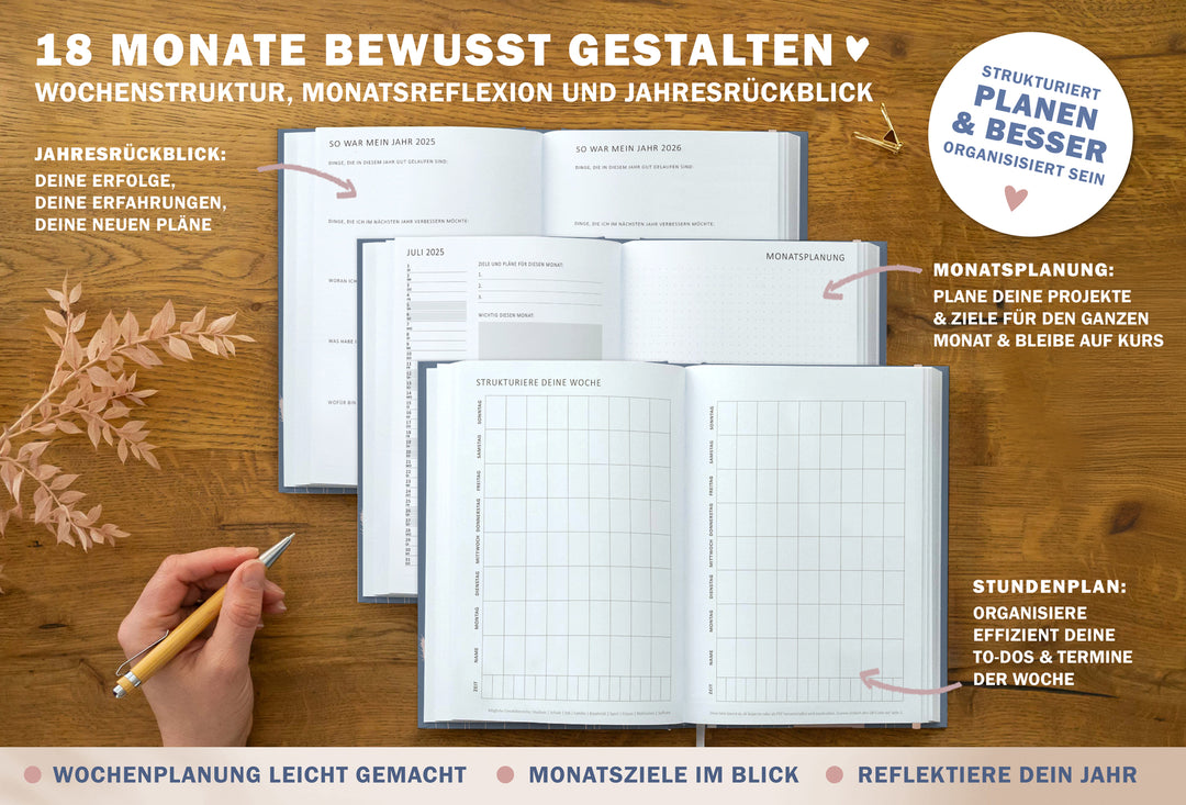 A5 Terminkalender – Studienplaner 2025 2026 | 18 Monate Wochenplaner mit Gummiband | Hardcover Taschenkalender & Terminplaner | Blau Rosa