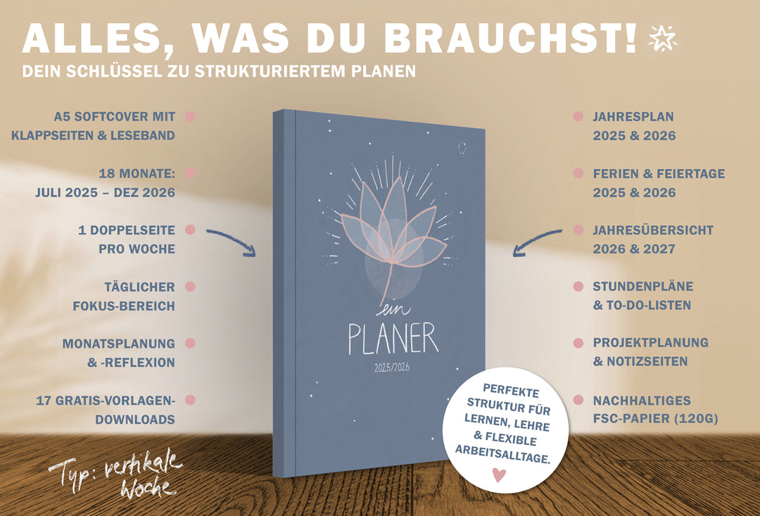 A5 Terminkalender – Studienplaner 2025 2026 | 18 Monate Wochenplaner mit Leseband | Softcover Terminplaner im Spalten-Layout | Blau Rosa