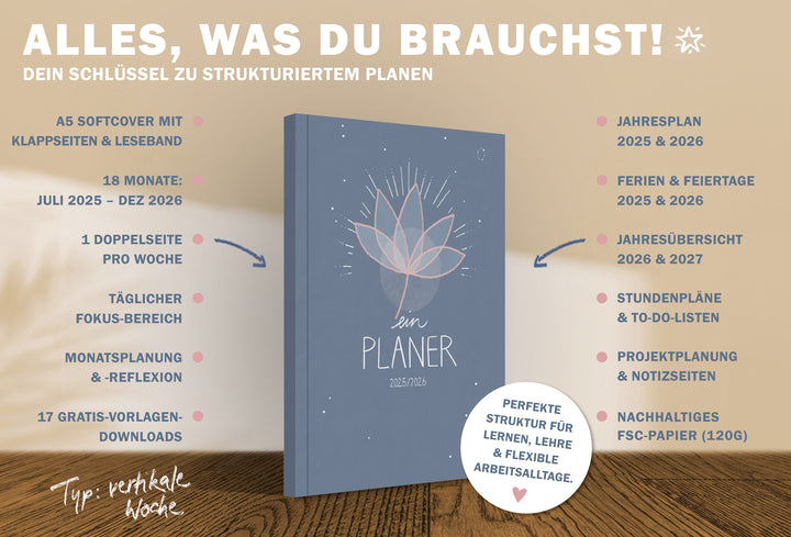 A5 Terminkalender – Studienplaner 2025 2026 | 18 Monate Wochenplaner mit Leseband | Softcover Terminplaner im Spalten-Layout | Blau Rosa