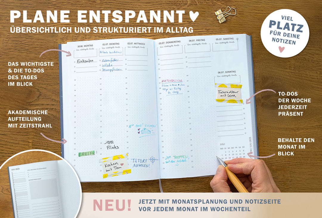A5 Terminkalender – Studienplaner 2025 2026 | 18 Monate Wochenplaner mit Leseband | Softcover Terminplaner im Spalten-Layout | Blau Rosa