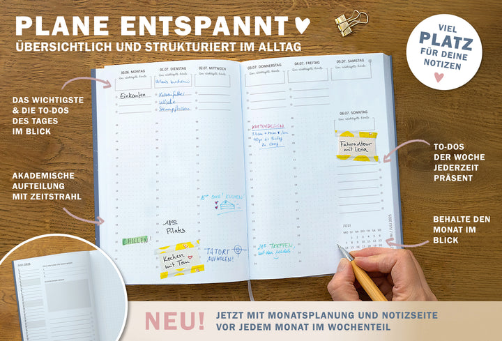 A5 Terminkalender – Studienplaner 2025 2026 | 18 Monate Wochenplaner mit Leseband | Softcover Terminplaner im Spalten-Layout | Blau Rosa