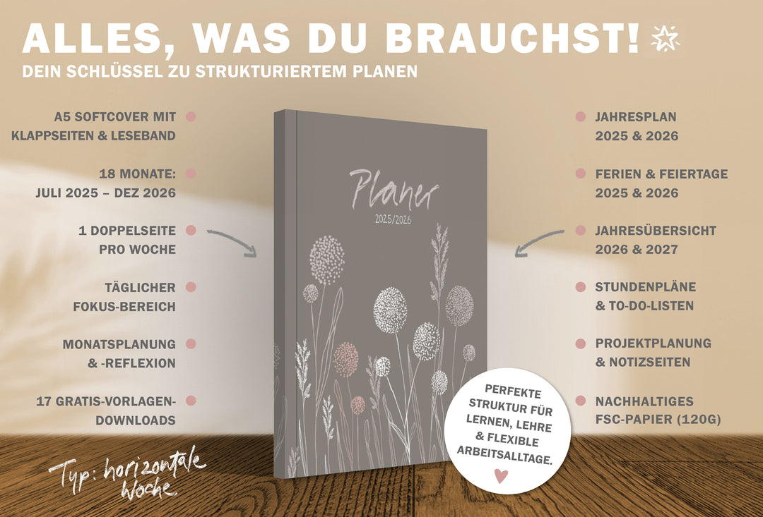 A5 Terminkalender – Studienplaner 2025 2026 | 18 Monate Wochenplaner mit Leseband | Softcover Taschenkalender & Terminplaner | Greige Weiß Rosa