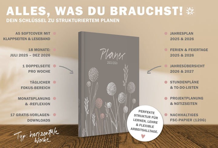 A5 Terminkalender – Studienplaner 2025 2026 | 18 Monate Wochenplaner mit Leseband | Softcover Taschenkalender & Terminplaner | Greige Weiß Rosa