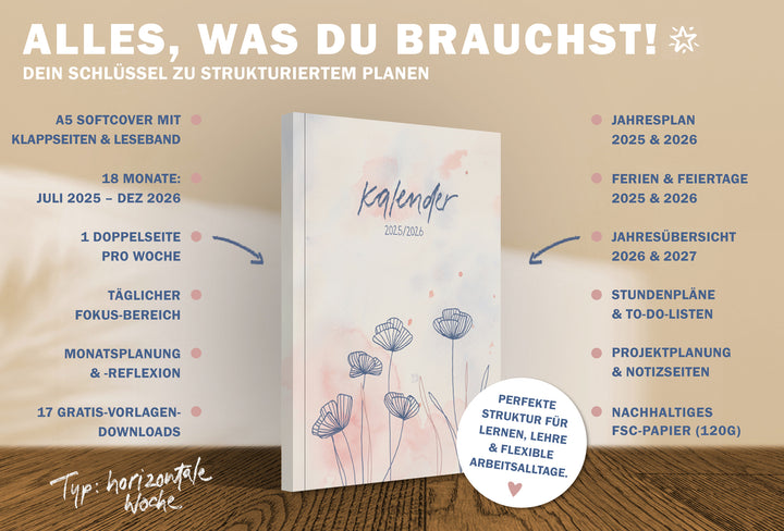 A5 Terminkalender – Studienplaner 2025 2026 | 18 Monate Wochenplaner mit Leseband | Softcover Taschenkalender & Terminplaner | Creme Blau Rosa