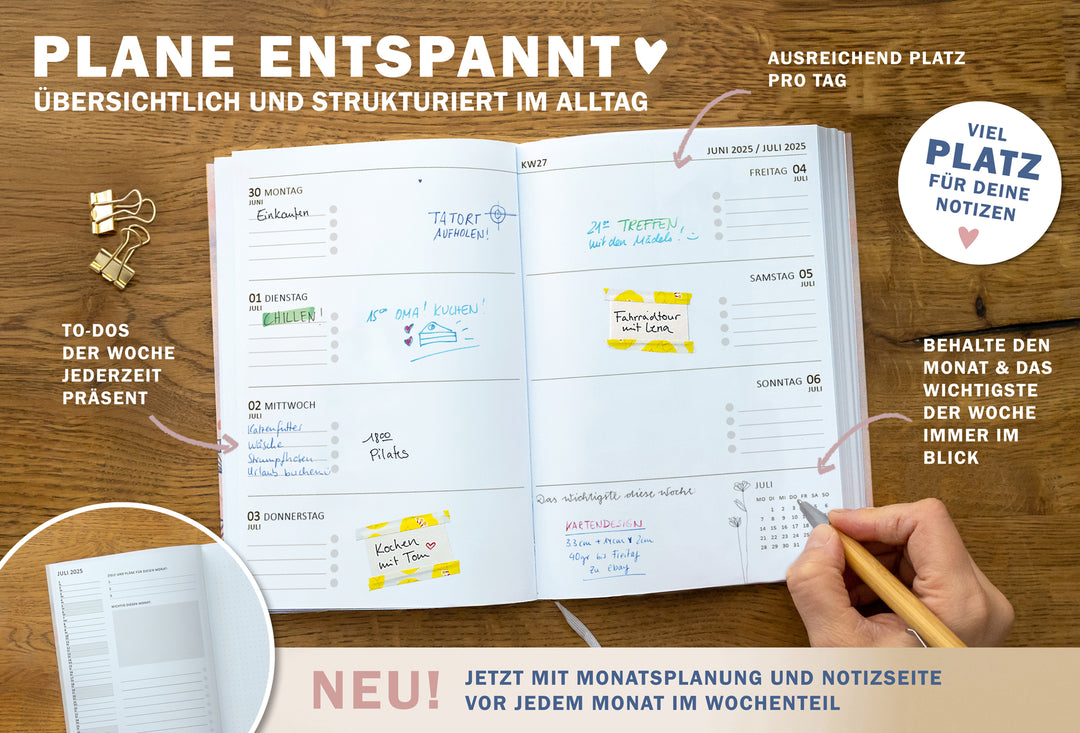 A5 Terminkalender – Studienplaner 2025 2026 | 18 Monate Wochenplaner mit Leseband | Softcover Taschenkalender & Terminplaner | Creme Blau Rosa