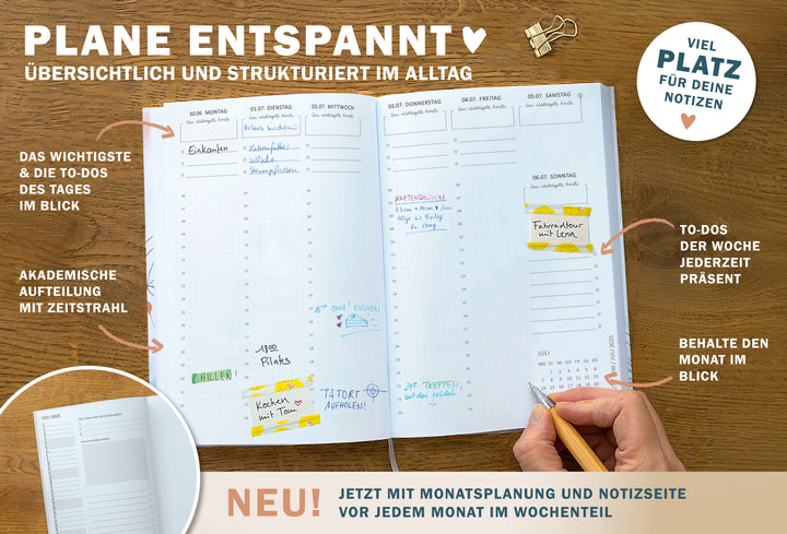 A5 Terminkalender – Studienplaner 2025 2026 | 18 Monate Wochenplaner mit Leseband | Softcover Terminplaner im Spalten-Layout | Weiß Blau Rosa