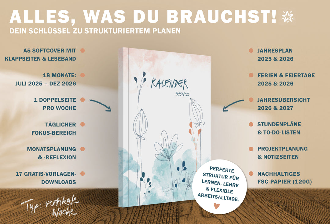 A5 Terminkalender – Studienplaner 2025 2026 | 18 Monate Wochenplaner mit Leseband | Softcover Terminplaner im Spalten-Layout | Weiß Blau Rosa