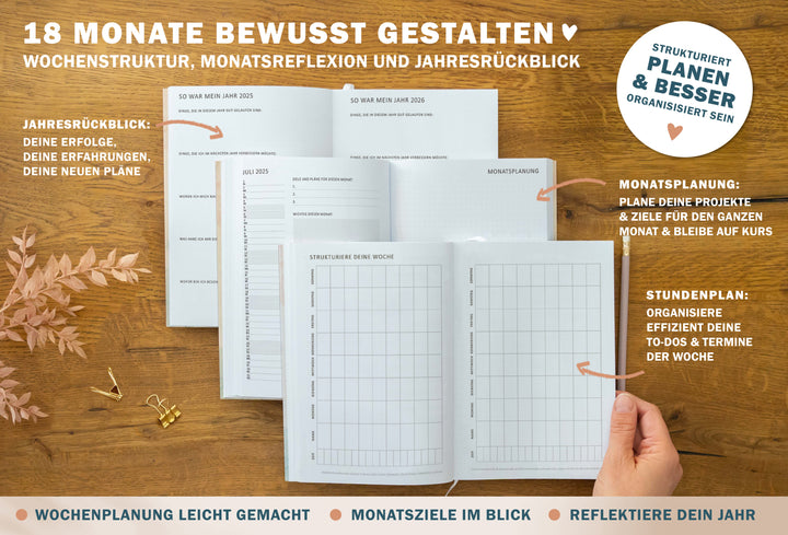 A5 Terminkalender – Studienplaner 2025 2026 | 18 Monate Wochenplaner mit Leseband | Softcover Terminplaner im Spalten-Layout | Weiß Blau Rosa