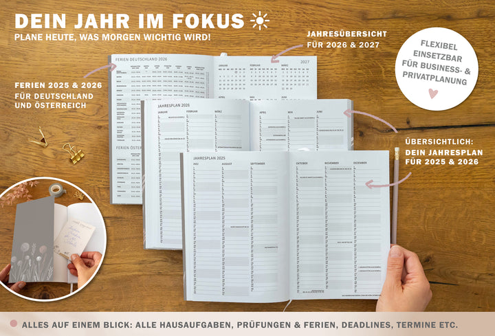 A5 Terminkalender – Studienplaner 2025 2026 | 18 Monate Wochenplaner mit Leseband | Softcover Taschenkalender & Terminplaner | Greige Weiß Rosa