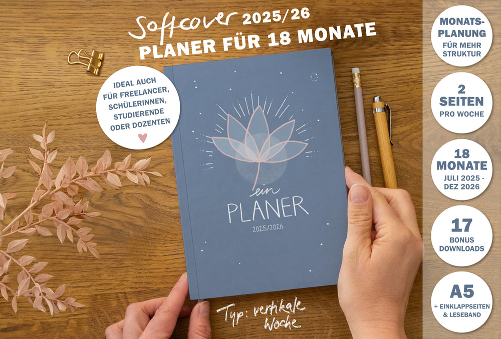 A5 Terminkalender – Studienplaner 2025 2026 | 18 Monate Wochenplaner mit Leseband | Softcover Terminplaner im Spalten-Layout | Blau Rosa