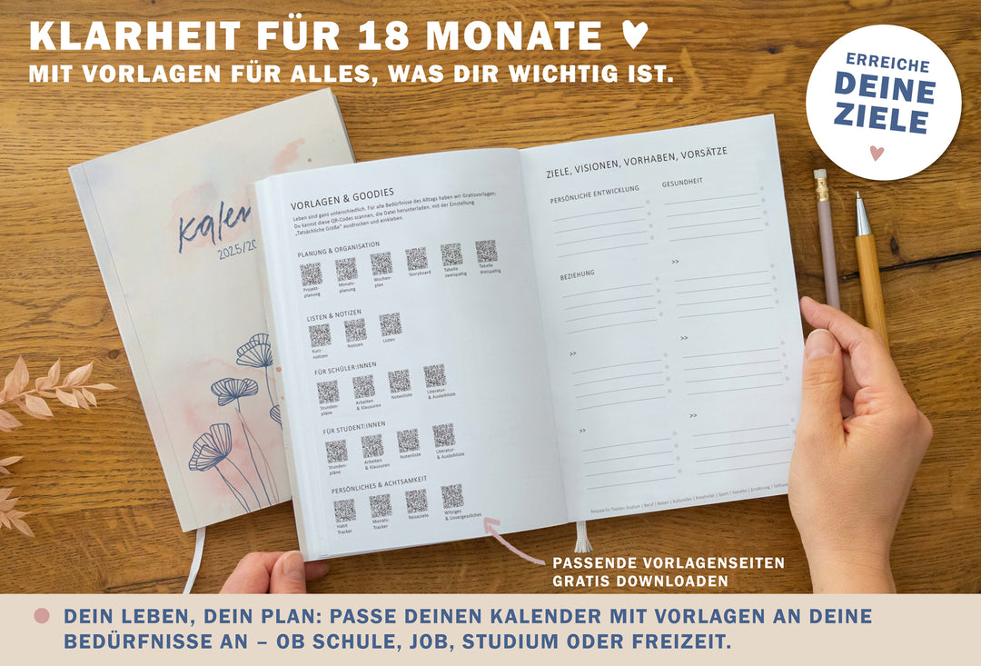 A5 Terminkalender – Studienplaner 2025 2026 | 18 Monate Wochenplaner mit Leseband | Softcover Taschenkalender & Terminplaner | Creme Blau Rosa
