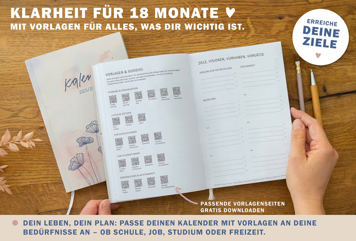 A5 Terminkalender – Studienplaner 2025 2026 | 18 Monate Wochenplaner mit Leseband | Softcover Taschenkalender & Terminplaner | Creme Blau Rosa
