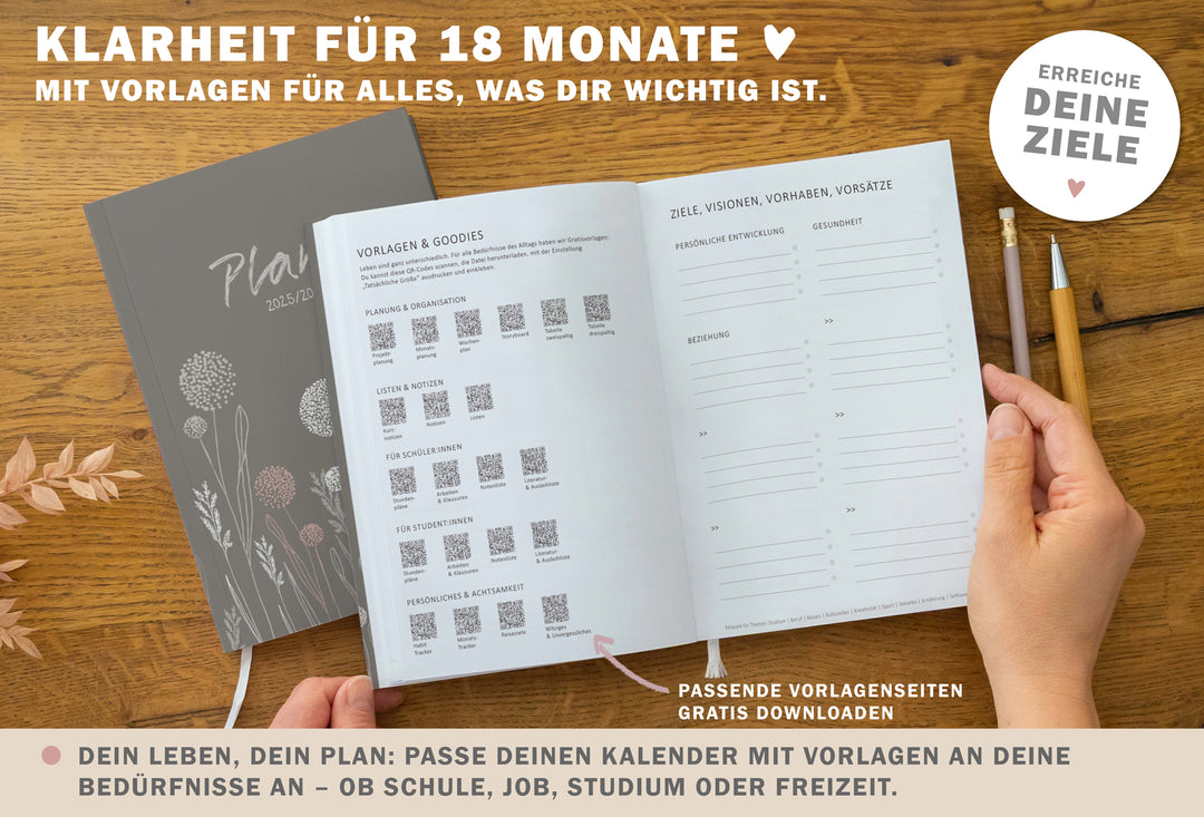 A5 Terminkalender – Studienplaner 2025 2026 | 18 Monate Wochenplaner mit Leseband | Softcover Taschenkalender & Terminplaner | Greige Weiß Rosa