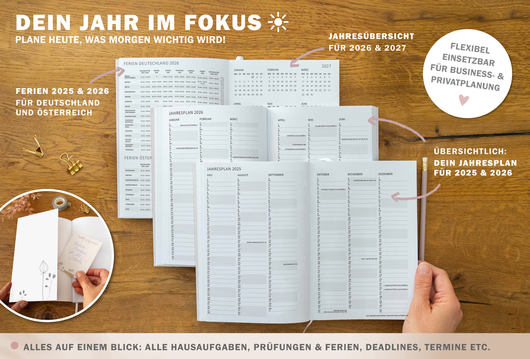 A5 Terminkalender – Studienplaner 2025 2026 | 18 Monate Wochenplaner mit Leseband | Softcover Taschenkalender & Terminplaner | Weiß Grau Beige
