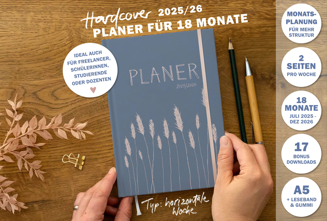 A5 Terminkalender – Studienplaner 2025 2026 | 18 Monate Wochenplaner mit Gummiband | Hardcover Taschenkalender & Terminplaner | Blau Rosa