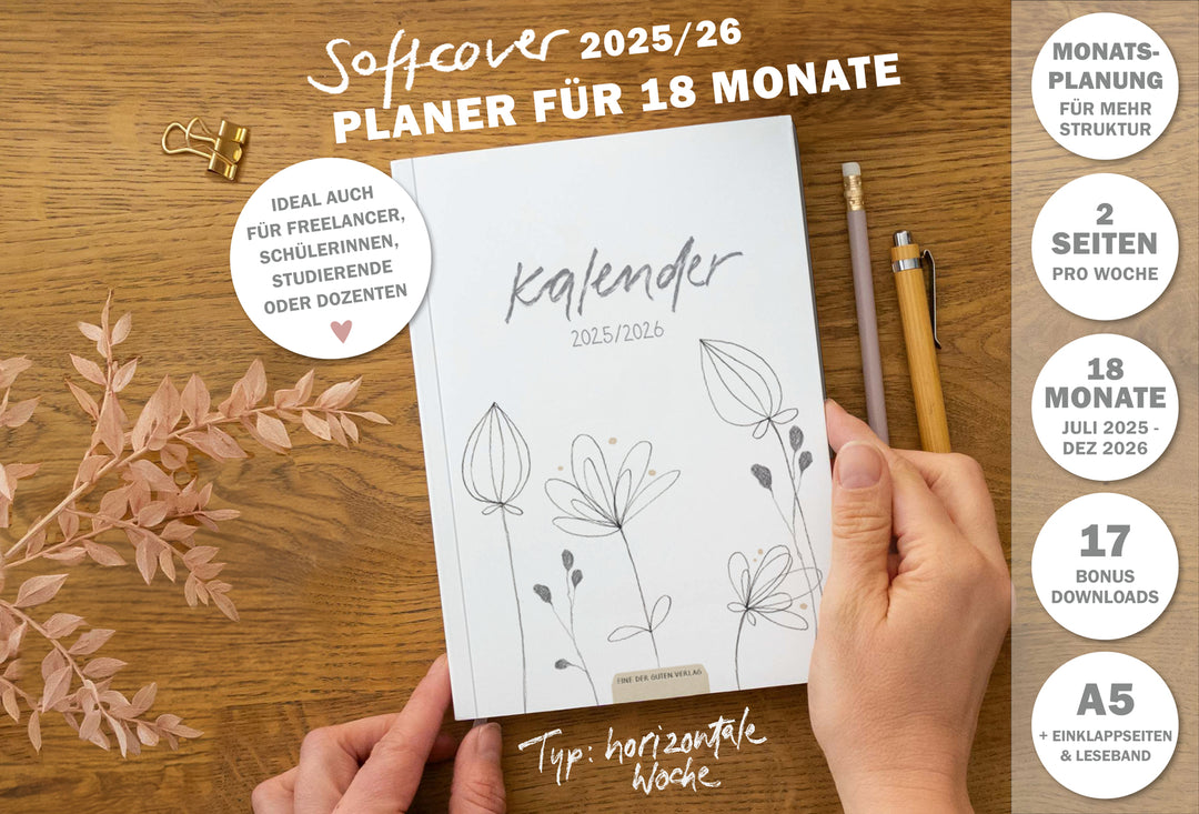 A5 Terminkalender – Studienplaner 2025 2026 | 18 Monate Wochenplaner mit Leseband | Softcover Taschenkalender & Terminplaner | Weiß Grau Beige