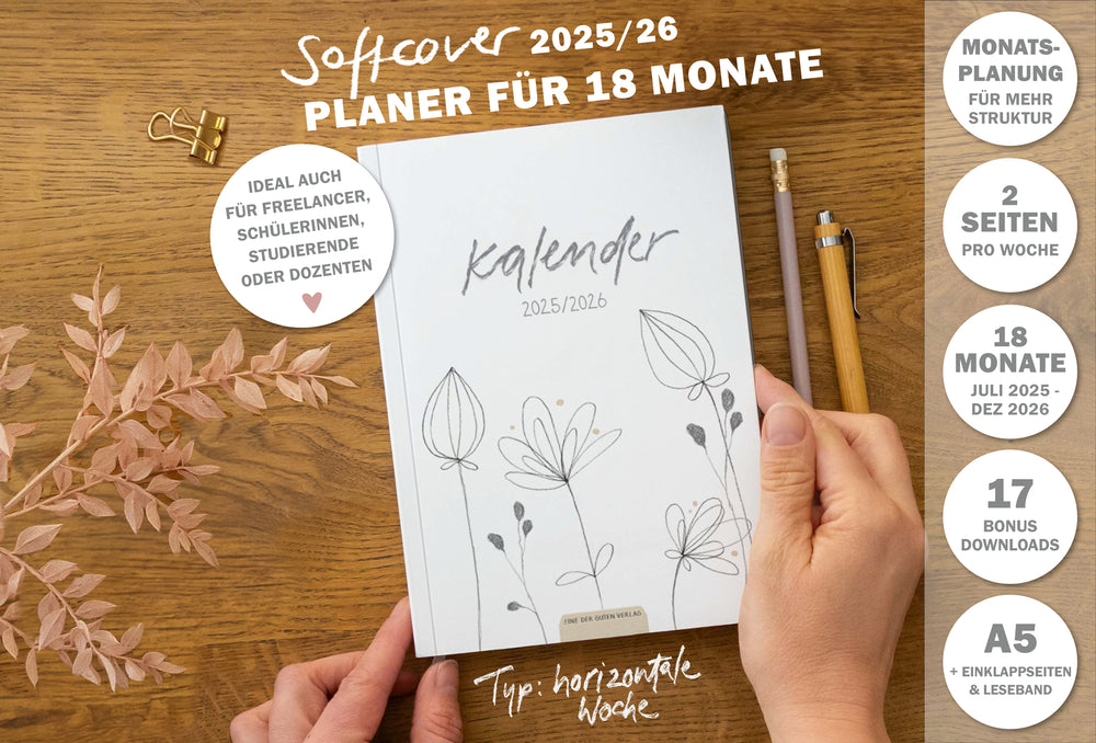 A5 Terminkalender – Studienplaner 2025 2026 | 18 Monate Wochenplaner mit Leseband | Softcover Taschenkalender & Terminplaner | Weiß Grau Beige