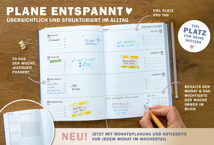 A5 Terminkalender – Studienplaner 2025 2026 | 18 Monate Wochenplaner mit Gummiband | Hardcover Taschenkalender & Terminplaner | Blau Rosa