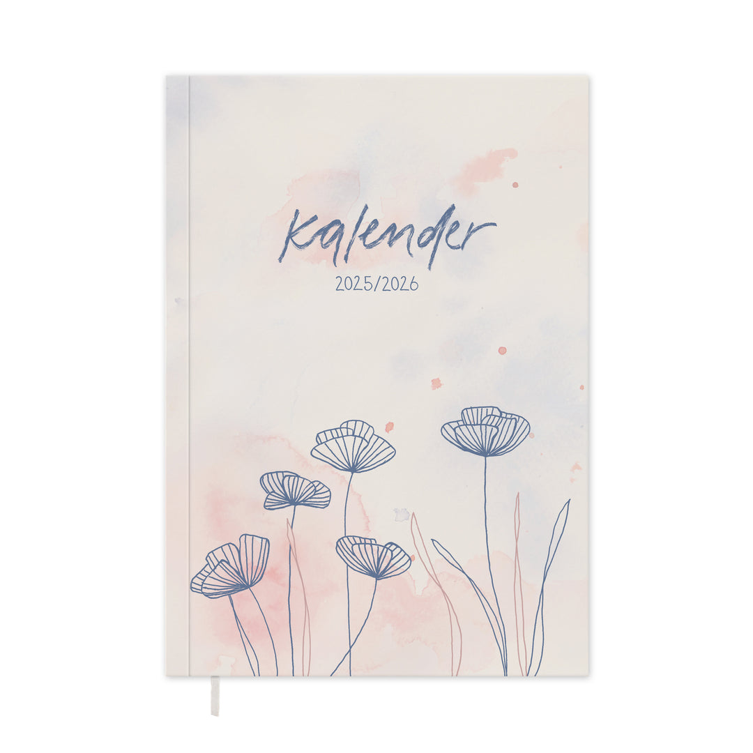 A5 Terminkalender – Studienplaner 2025 2026 | 18 Monate Wochenplaner mit Leseband | Softcover Taschenkalender & Terminplaner | Creme Blau Rosa