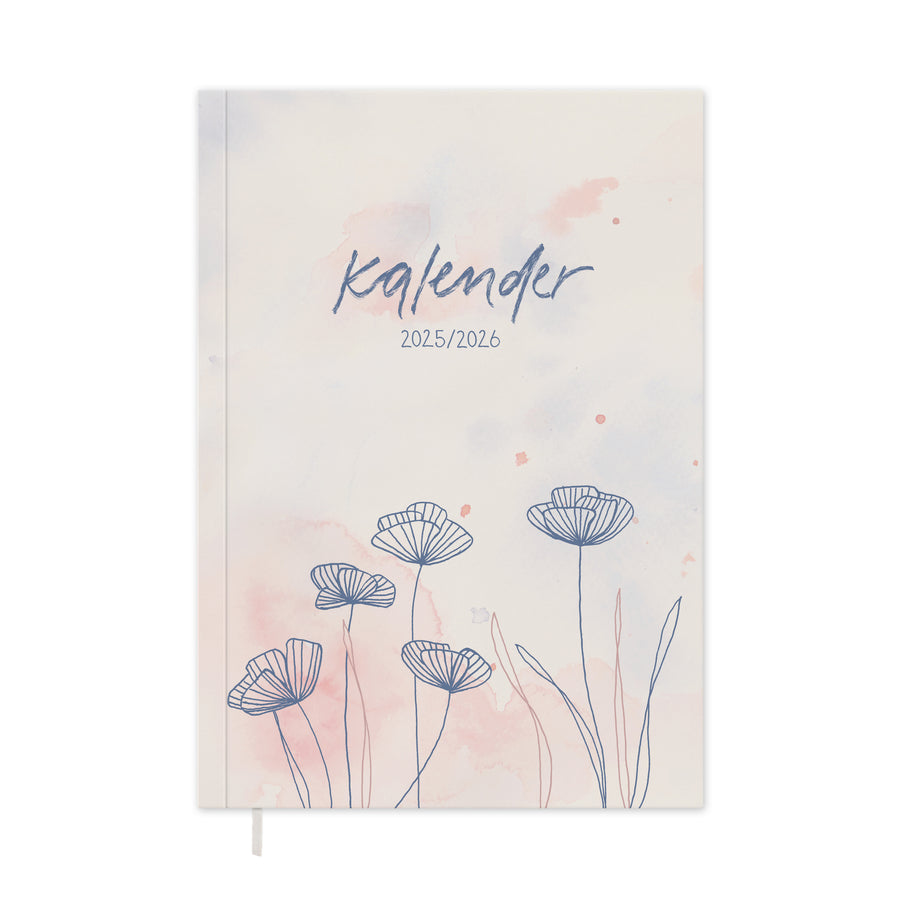 A5 Terminkalender – Studienplaner 2025 2026 | 18 Monate Wochenplaner mit Leseband | Softcover Taschenkalender & Terminplaner | Creme Blau Rosa