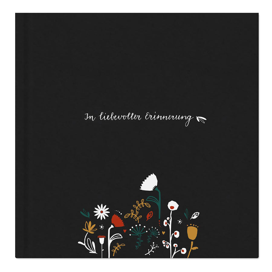 Schwarzes Kondolenzbuch zur Trauerfeier - In liebevoller Erinnerung - hochwertiges Design mit Blumen, stabiler Einband, 100 S, Blanko, 21x21cm