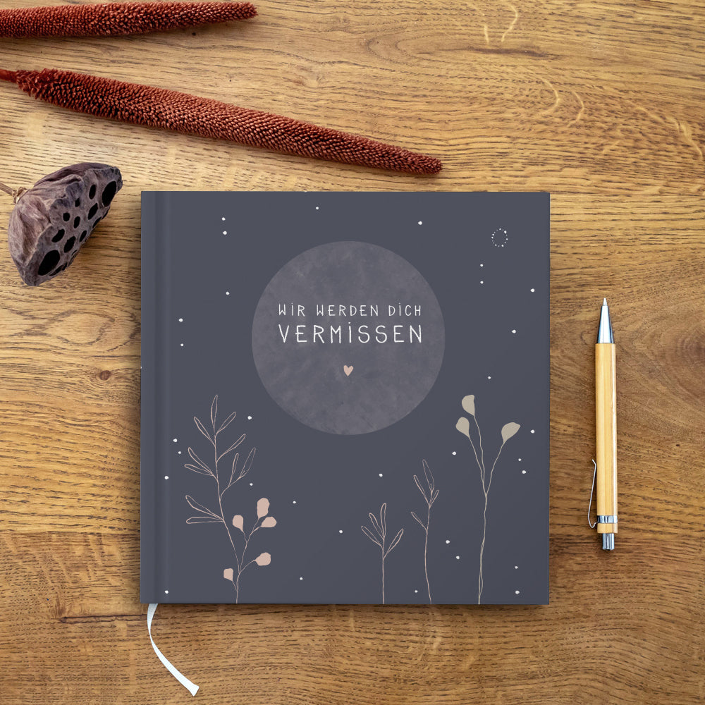 Blaues Kondolenzbuch zur Trauerfeier - wir werden dich vermissen - hochwertiges Design mit Blumen, stabiler Einband, 100 S, Blanko, 21x21cm