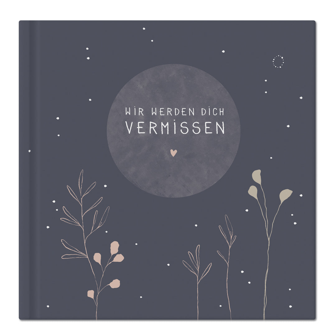 Blaues Kondolenzbuch zur Trauerfeier - wir werden dich vermissen - hochwertiges Design mit Blumen, stabiler Einband, 100 S, Blanko, 21x21cm