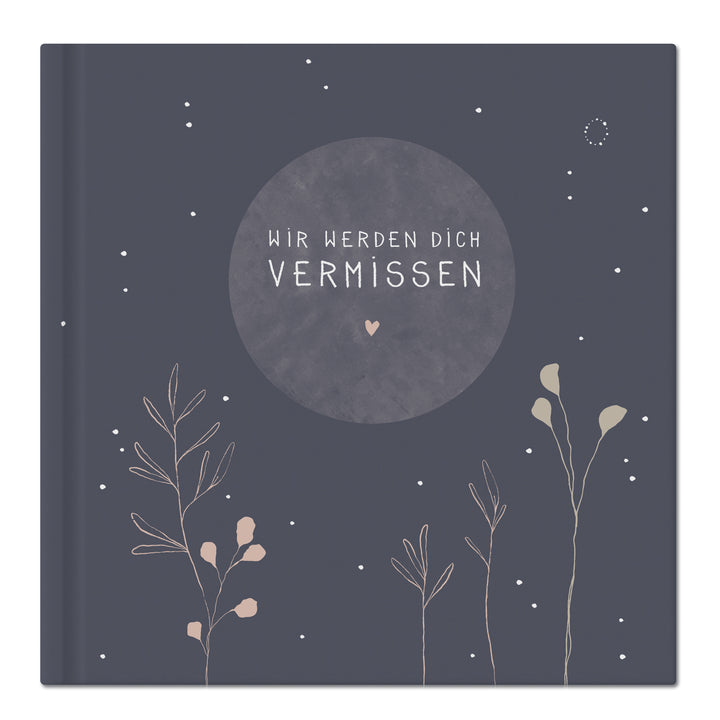 Blaues Kondolenzbuch zur Trauerfeier - wir werden dich vermissen - hochwertiges Design mit Blumen, stabiler Einband, 100 S, Blanko, 21x21cm