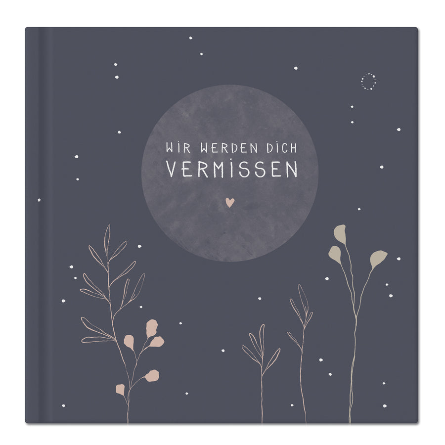 Blaues Kondolenzbuch zur Trauerfeier - wir werden dich vermissen - hochwertiges Design mit Blumen, stabiler Einband, 100 S, Blanko, 21x21cm