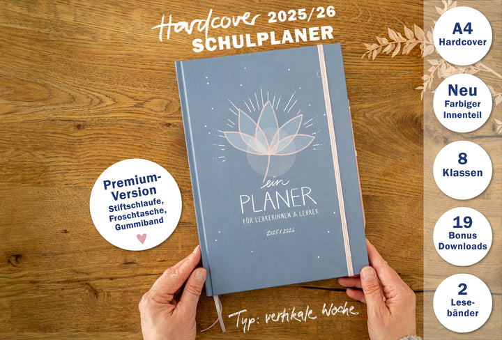 Lehrerkalender 2025 2026 | A4 Lehrer-Planer für Unterrichtsvorbereitung & Schuljahr Planung |  mit Gummiband und Stiftschlaufe | klimaneutral, Blau Rosa