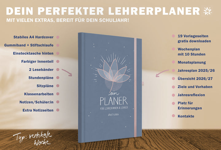 Lehrerkalender 2025 2026 | A4 Lehrer-Planer für Unterrichtsvorbereitung & Schuljahr Planung |  mit Gummiband und Stiftschlaufe | klimaneutral, Blau Rosa