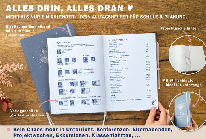 Lehrerkalender 2025 2026 | A4 Lehrer-Planer für Unterrichtsvorbereitung & Schuljahr Planung |  mit Gummiband und Stiftschlaufe | klimaneutral, Blau Rosa