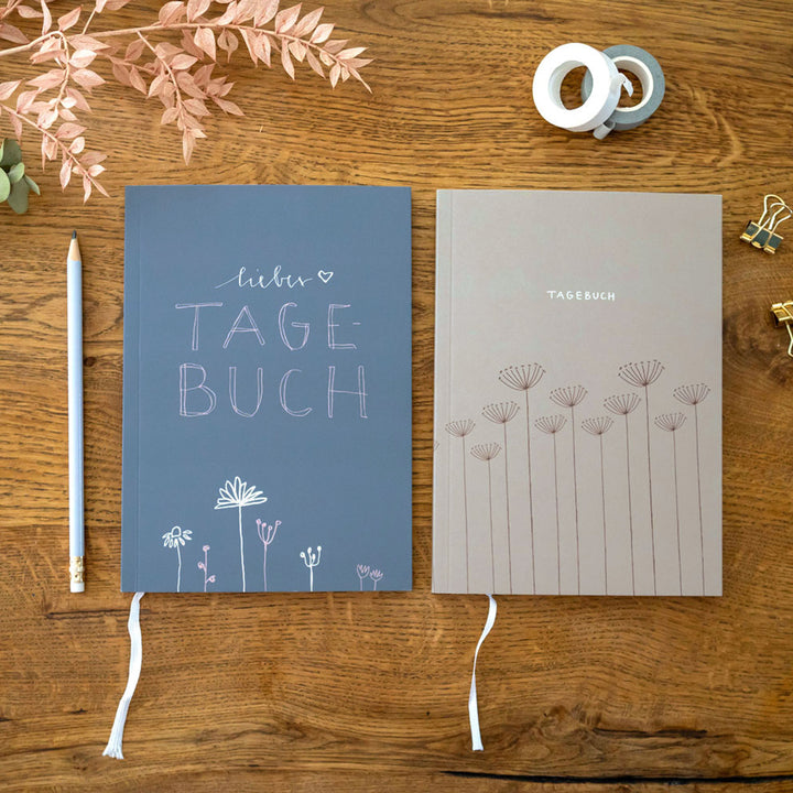 Liebes Tagebuch – Notizbuch für Erwachsene und Teenager, 92 Seiten liniert, A5 Softcover, FSC Papier, Grau Beige mit Blumen