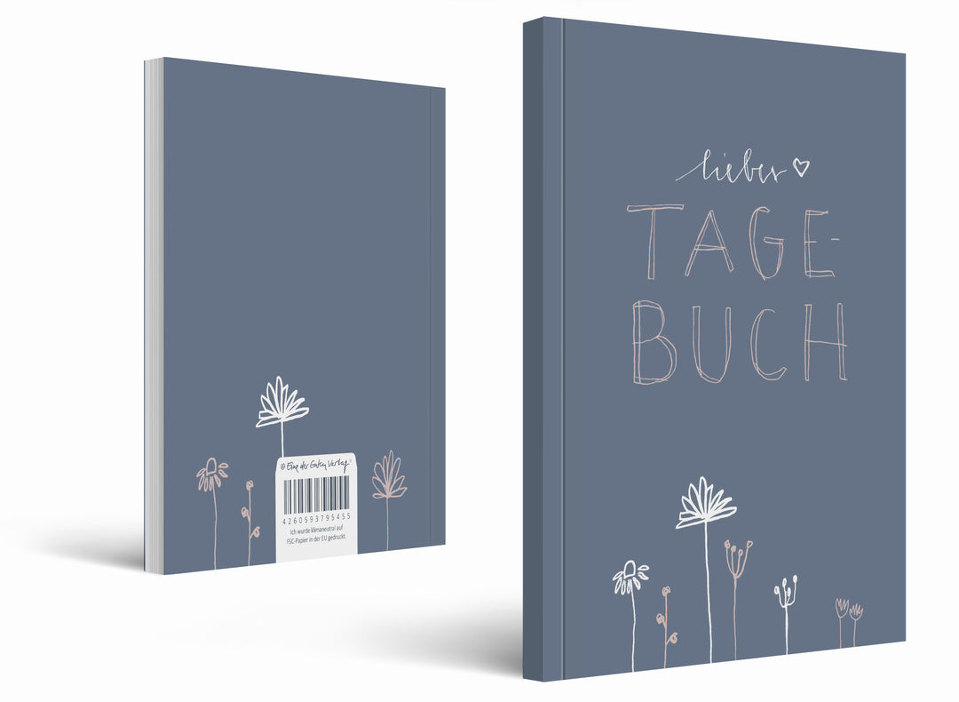 Liebes Tagebuch – Notizbuch für Erwachsene und Teenager, 92 Seiten liniert, A5 Softcover, FSC Papier, Blau Rosa mit Blumen