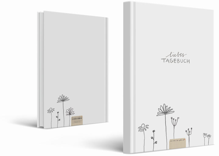 Liebes Tagebuch, Notizbuch für Erwachsene, Mädchen und Jungen, liniert, 120 Seiten, 80 g Recyclingpapier, Hardcover 18x24,5cm, Weiß mit Blumen