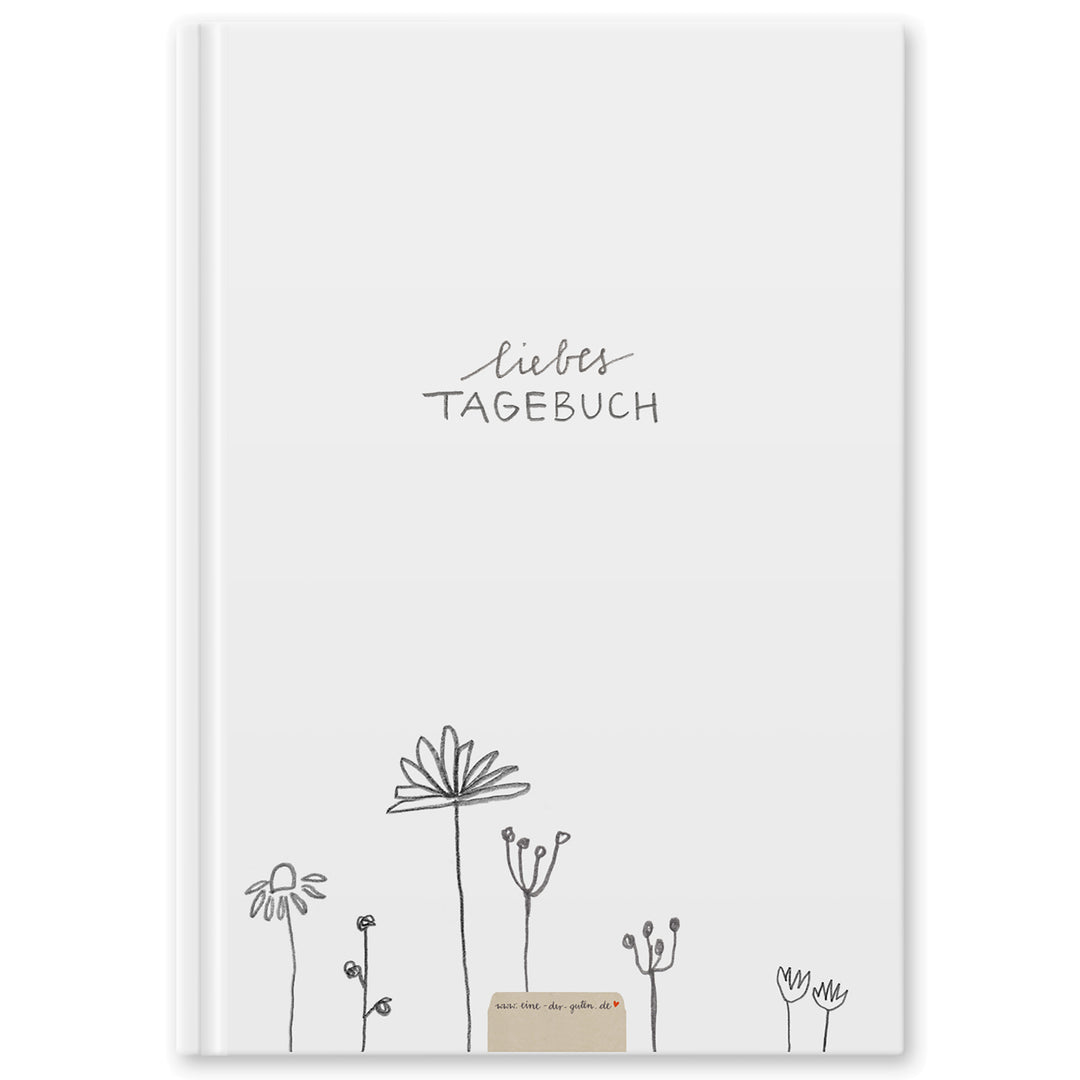 Liebes Tagebuch, Notizbuch für Erwachsene, Mädchen und Jungen, liniert, 120 Seiten, 80 g Recyclingpapier, Hardcover 18x24,5cm, Weiß mit Blumen