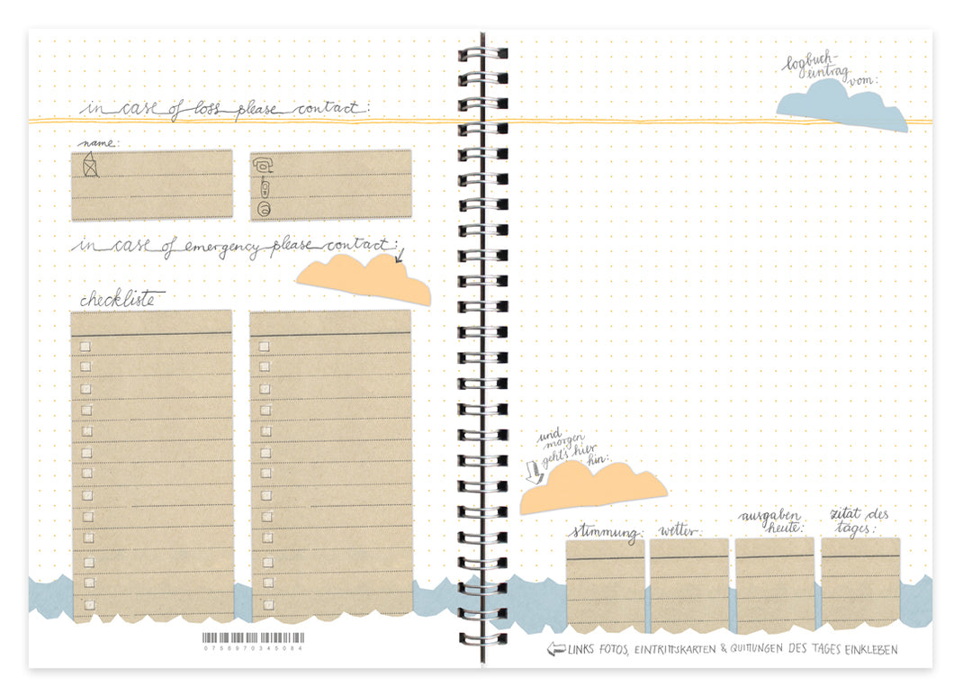 A5 Reisetagebuch zum selberschreiben & gestalten, Logbuch einer Reise, Vintage Design, Weiß Beige Blau